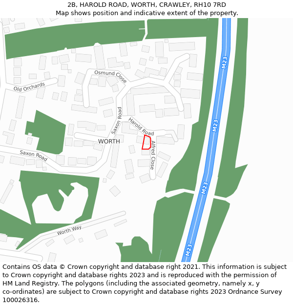 2B, HAROLD ROAD, WORTH, CRAWLEY, RH10 7RD: Location map and indicative extent of plot