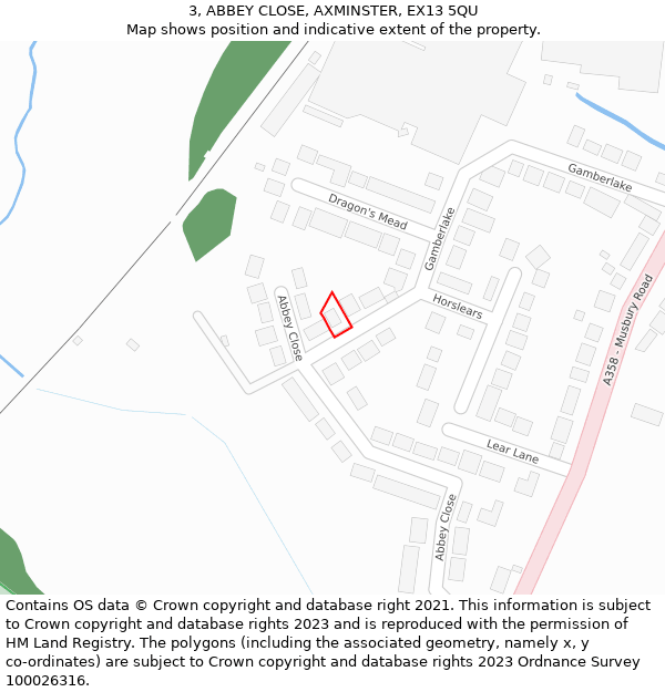 3, ABBEY CLOSE, AXMINSTER, EX13 5QU: Location map and indicative extent of plot