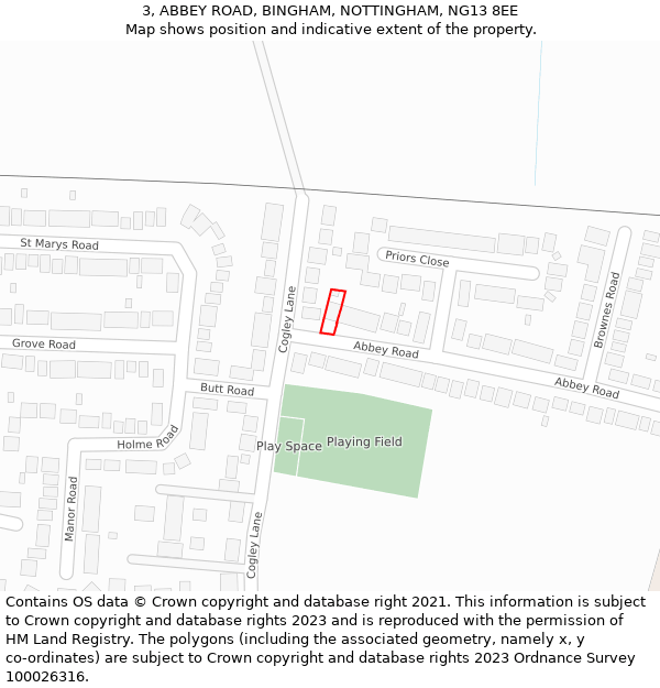 3, ABBEY ROAD, BINGHAM, NOTTINGHAM, NG13 8EE: Location map and indicative extent of plot
