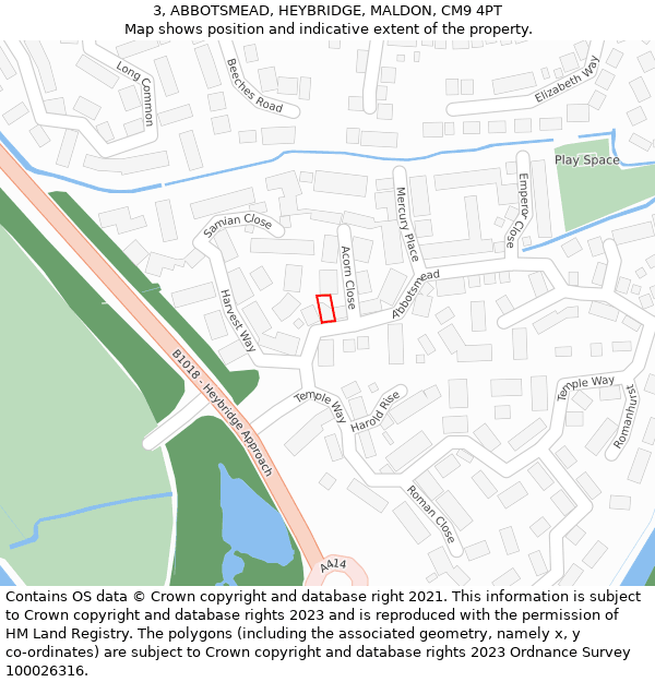 3, ABBOTSMEAD, HEYBRIDGE, MALDON, CM9 4PT: Location map and indicative extent of plot