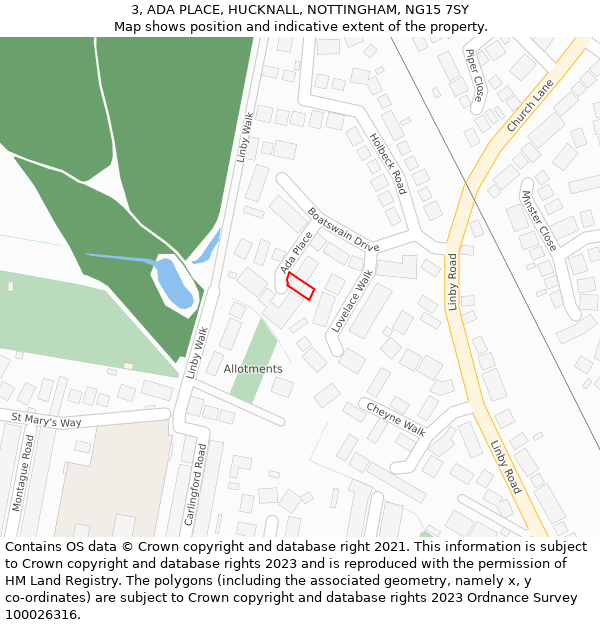 3, ADA PLACE, HUCKNALL, NOTTINGHAM, NG15 7SY: Location map and indicative extent of plot