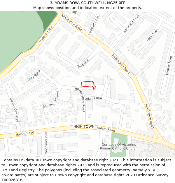 3, ADAMS ROW, SOUTHWELL, NG25 0FF: Location map and indicative extent of plot