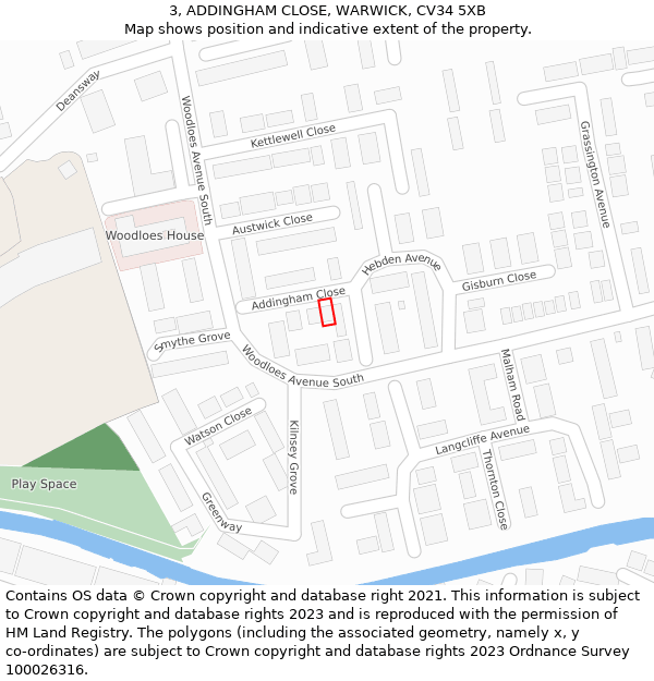 3, ADDINGHAM CLOSE, WARWICK, CV34 5XB: Location map and indicative extent of plot