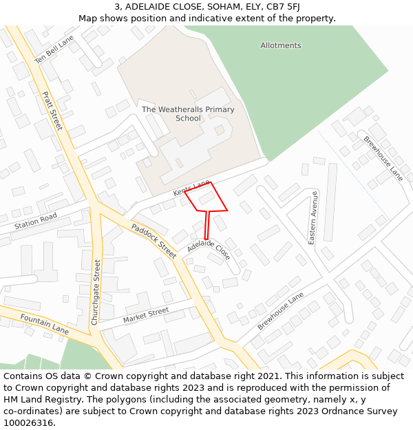 3, ADELAIDE CLOSE, SOHAM, ELY, CB7 5FJ: Location map and indicative extent of plot