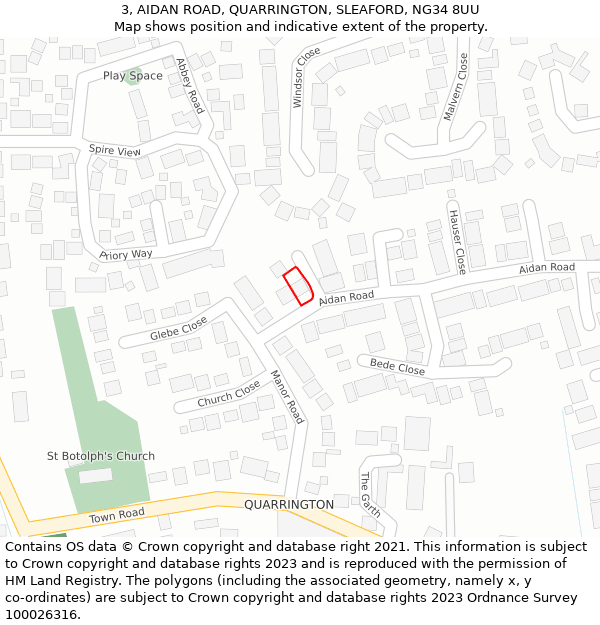 3, AIDAN ROAD, QUARRINGTON, SLEAFORD, NG34 8UU: Location map and indicative extent of plot