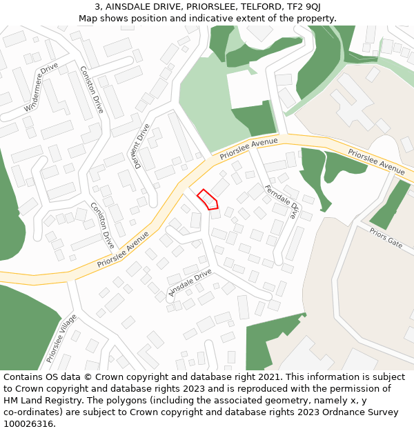 3, AINSDALE DRIVE, PRIORSLEE, TELFORD, TF2 9QJ: Location map and indicative extent of plot