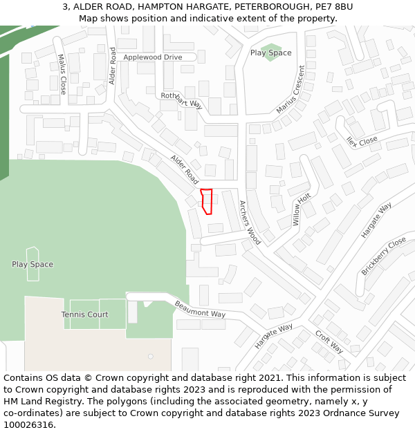 3, ALDER ROAD, HAMPTON HARGATE, PETERBOROUGH, PE7 8BU: Location map and indicative extent of plot