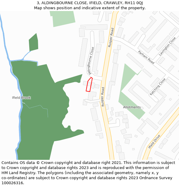 3, ALDINGBOURNE CLOSE, IFIELD, CRAWLEY, RH11 0QJ: Location map and indicative extent of plot