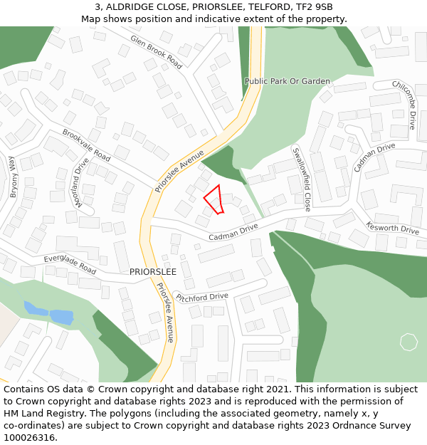 3, ALDRIDGE CLOSE, PRIORSLEE, TELFORD, TF2 9SB: Location map and indicative extent of plot