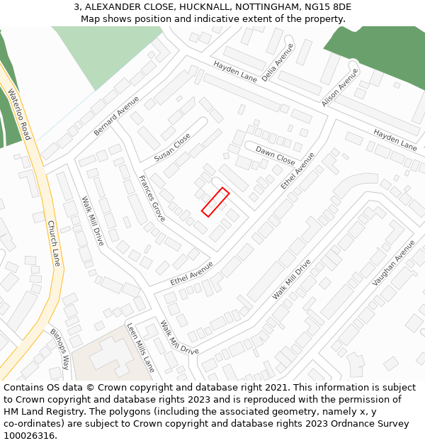 3, ALEXANDER CLOSE, HUCKNALL, NOTTINGHAM, NG15 8DE: Location map and indicative extent of plot