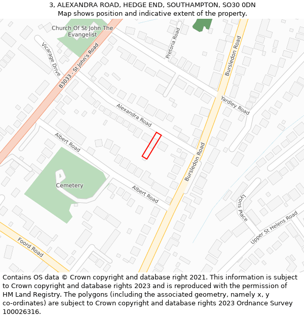 3, ALEXANDRA ROAD, HEDGE END, SOUTHAMPTON, SO30 0DN: Location map and indicative extent of plot
