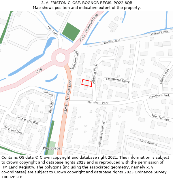 3, ALFRISTON CLOSE, BOGNOR REGIS, PO22 6QB: Location map and indicative extent of plot