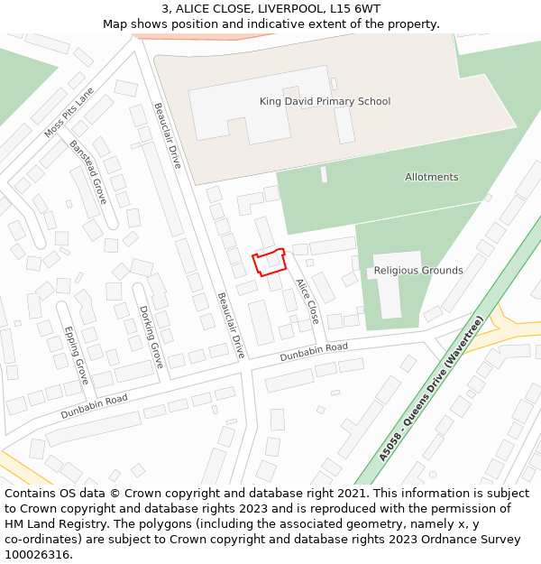 3, ALICE CLOSE, LIVERPOOL, L15 6WT: Location map and indicative extent of plot