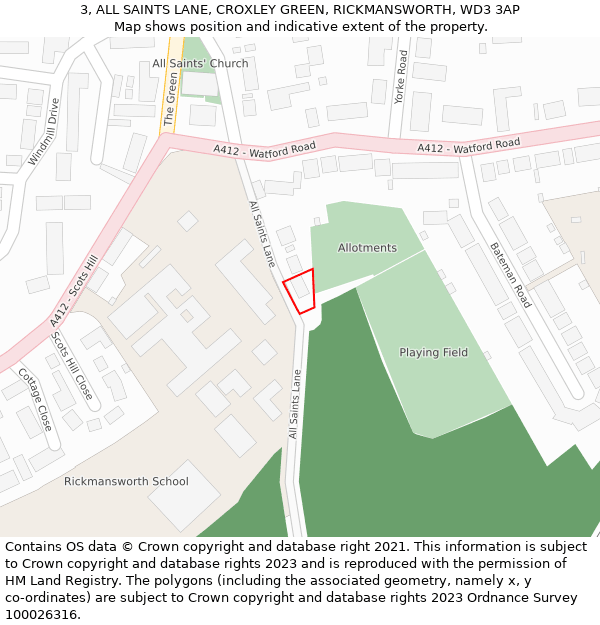 3, ALL SAINTS LANE, CROXLEY GREEN, RICKMANSWORTH, WD3 3AP: Location map and indicative extent of plot