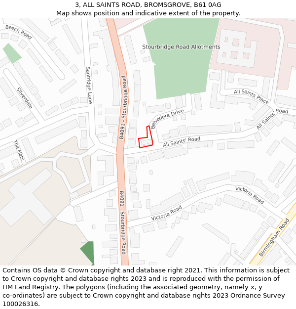 3, ALL SAINTS ROAD, BROMSGROVE, B61 0AG: Location map and indicative extent of plot