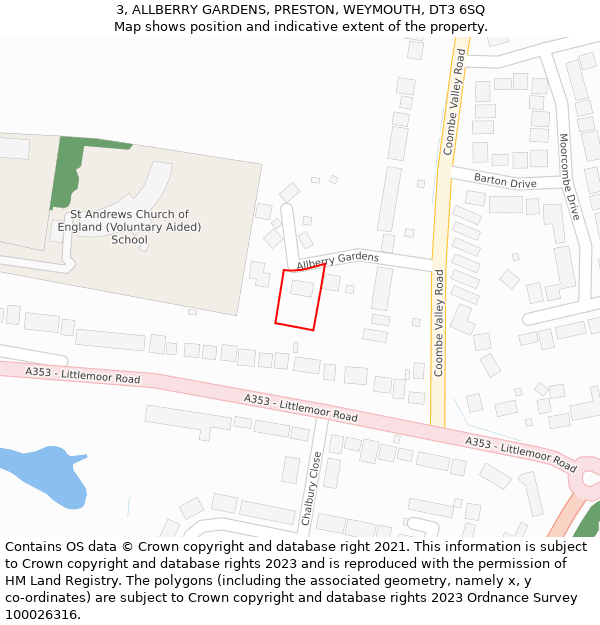 3, ALLBERRY GARDENS, PRESTON, WEYMOUTH, DT3 6SQ: Location map and indicative extent of plot