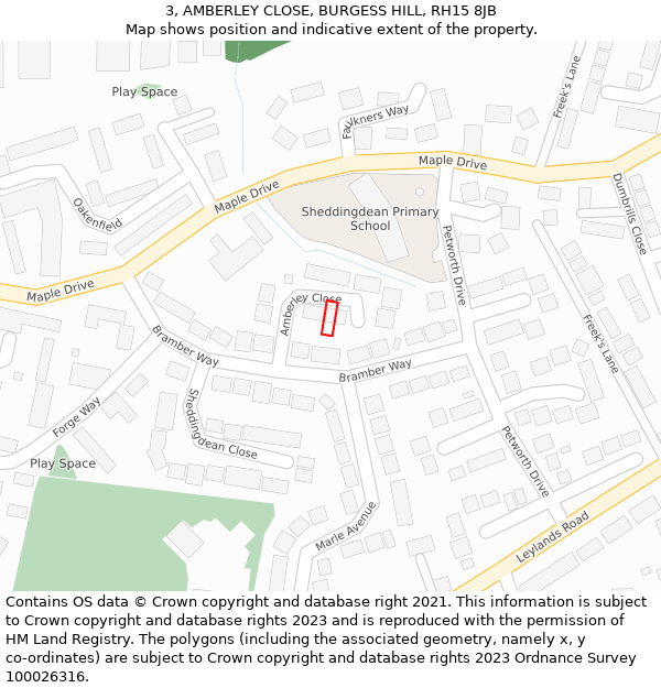 3, AMBERLEY CLOSE, BURGESS HILL, RH15 8JB: Location map and indicative extent of plot