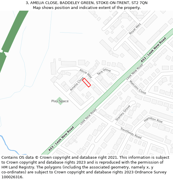 3, AMELIA CLOSE, BADDELEY GREEN, STOKE-ON-TRENT, ST2 7QN: Location map and indicative extent of plot