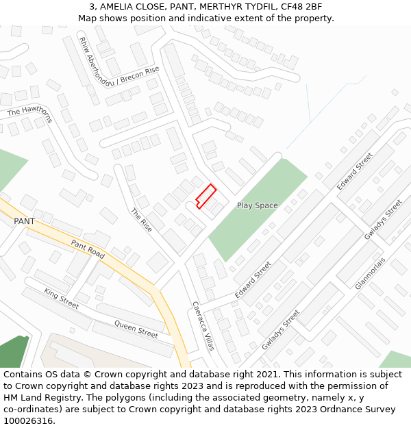 3, AMELIA CLOSE, PANT, MERTHYR TYDFIL, CF48 2BF: Location map and indicative extent of plot