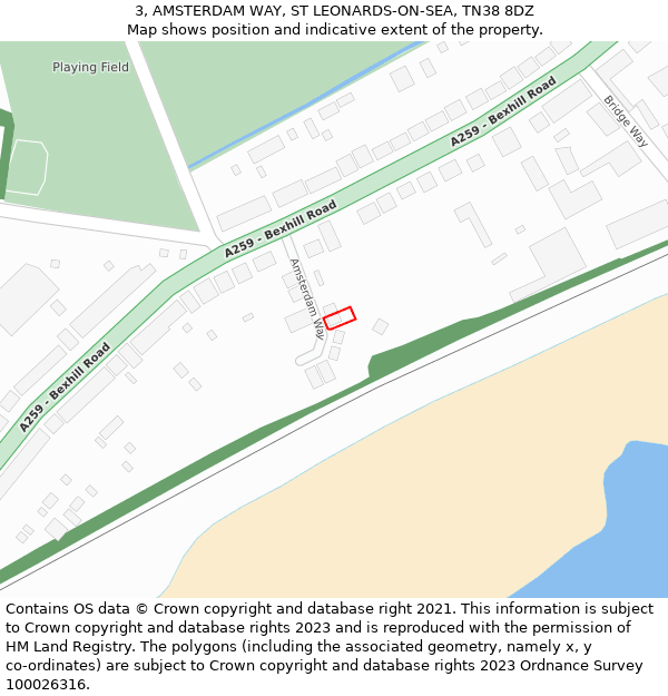 3, AMSTERDAM WAY, ST LEONARDS-ON-SEA, TN38 8DZ: Location map and indicative extent of plot