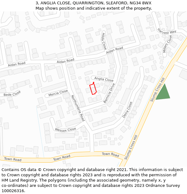 3, ANGLIA CLOSE, QUARRINGTON, SLEAFORD, NG34 8WX: Location map and indicative extent of plot