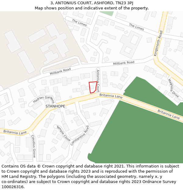 3, ANTONIUS COURT, ASHFORD, TN23 3PJ: Location map and indicative extent of plot
