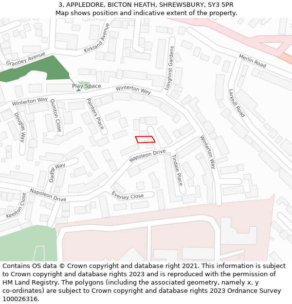 3, APPLEDORE, BICTON HEATH, SHREWSBURY, SY3 5PR: Location map and indicative extent of plot