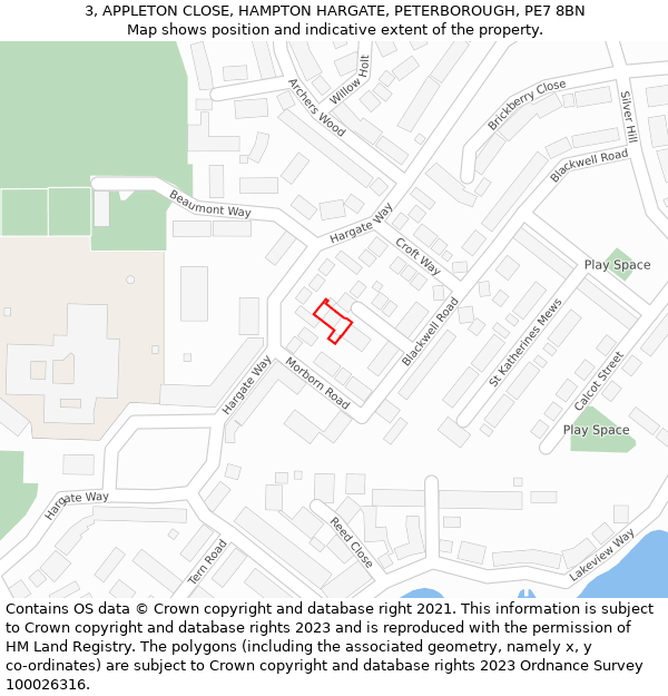 3, APPLETON CLOSE, HAMPTON HARGATE, PETERBOROUGH, PE7 8BN: Location map and indicative extent of plot