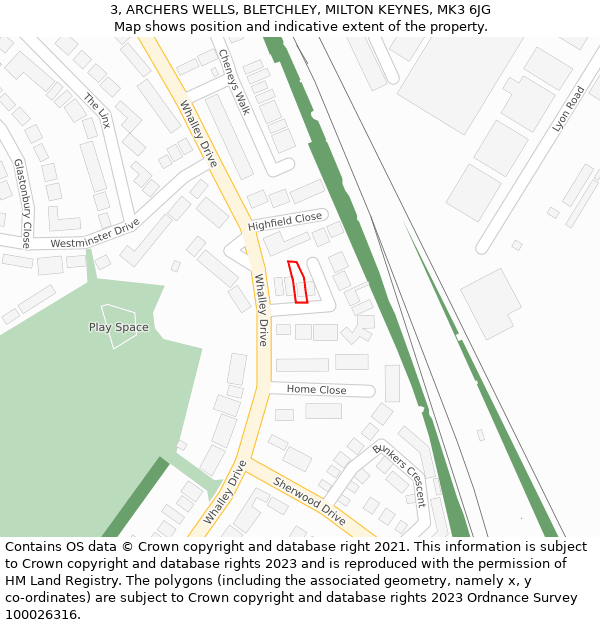 3, ARCHERS WELLS, BLETCHLEY, MILTON KEYNES, MK3 6JG: Location map and indicative extent of plot