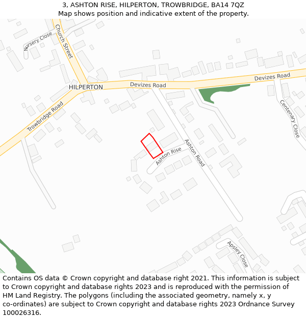 3, ASHTON RISE, HILPERTON, TROWBRIDGE, BA14 7QZ: Location map and indicative extent of plot