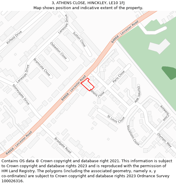 3, ATHENS CLOSE, HINCKLEY, LE10 1FJ: Location map and indicative extent of plot