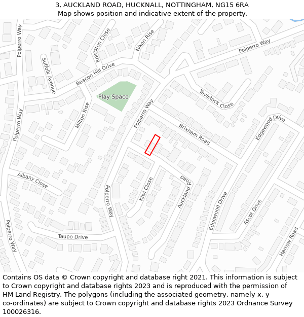 3, AUCKLAND ROAD, HUCKNALL, NOTTINGHAM, NG15 6RA: Location map and indicative extent of plot