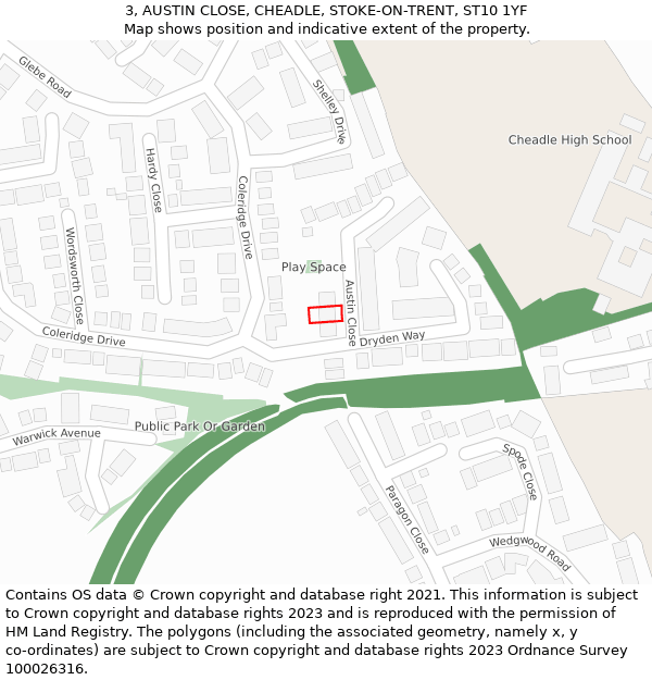 3, AUSTIN CLOSE, CHEADLE, STOKE-ON-TRENT, ST10 1YF: Location map and indicative extent of plot