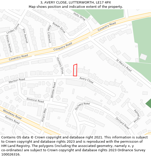 3, AVERY CLOSE, LUTTERWORTH, LE17 4PX: Location map and indicative extent of plot