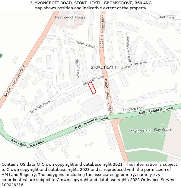 3, AVONCROFT ROAD, STOKE HEATH, BROMSGROVE, B60 4NG: Location map and indicative extent of plot