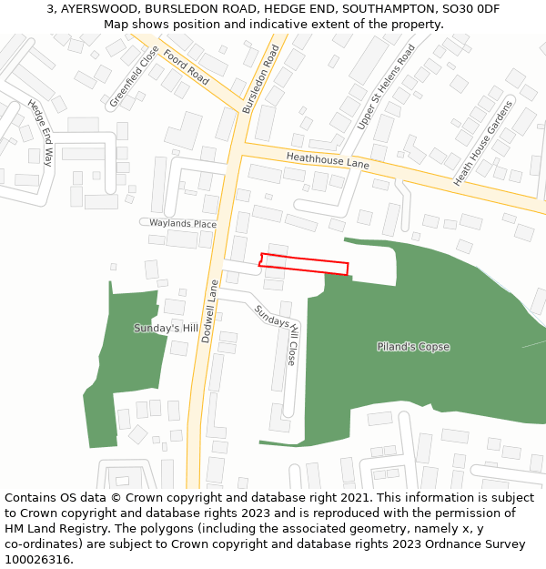 3, AYERSWOOD, BURSLEDON ROAD, HEDGE END, SOUTHAMPTON, SO30 0DF: Location map and indicative extent of plot