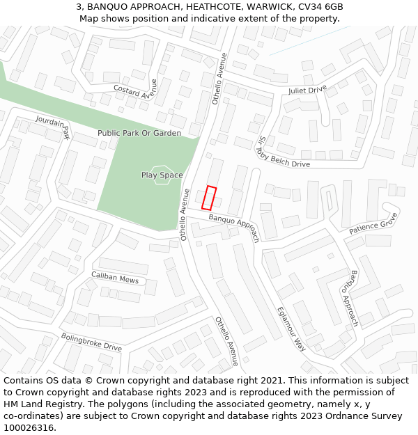 3, BANQUO APPROACH, HEATHCOTE, WARWICK, CV34 6GB: Location map and indicative extent of plot