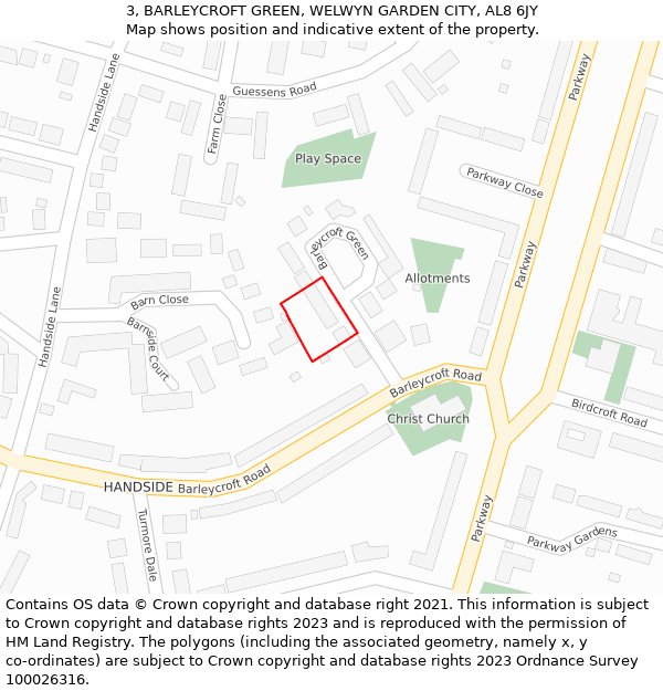 3, BARLEYCROFT GREEN, WELWYN GARDEN CITY, AL8 6JY: Location map and indicative extent of plot