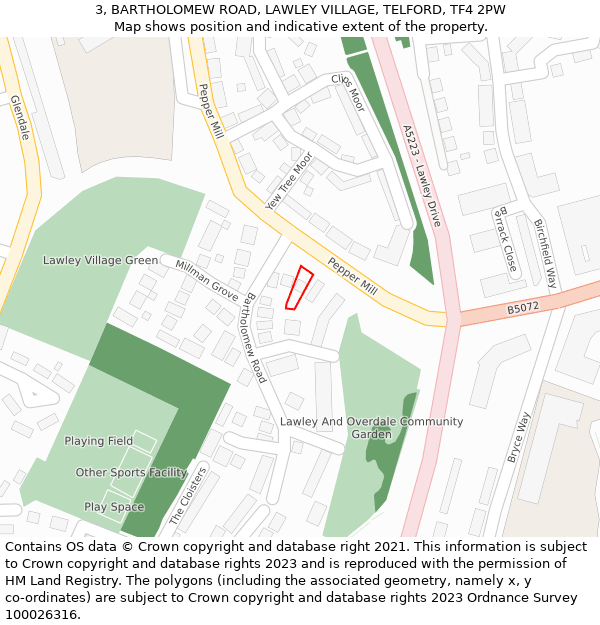 3, BARTHOLOMEW ROAD, LAWLEY VILLAGE, TELFORD, TF4 2PW: Location map and indicative extent of plot