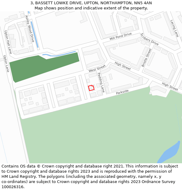 3, BASSETT LOWKE DRIVE, UPTON, NORTHAMPTON, NN5 4AN: Location map and indicative extent of plot