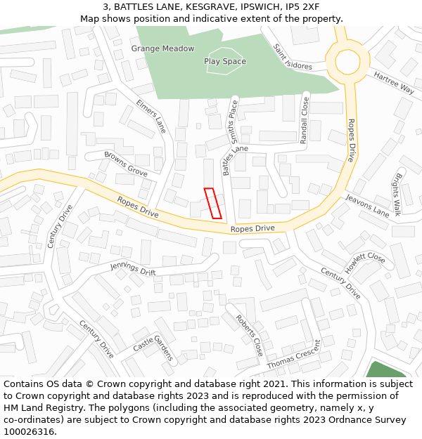 3, BATTLES LANE, KESGRAVE, IPSWICH, IP5 2XF: Location map and indicative extent of plot