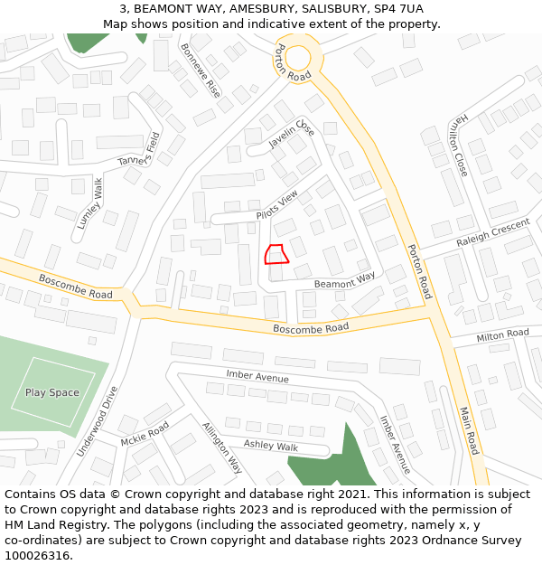 3, BEAMONT WAY, AMESBURY, SALISBURY, SP4 7UA: Location map and indicative extent of plot