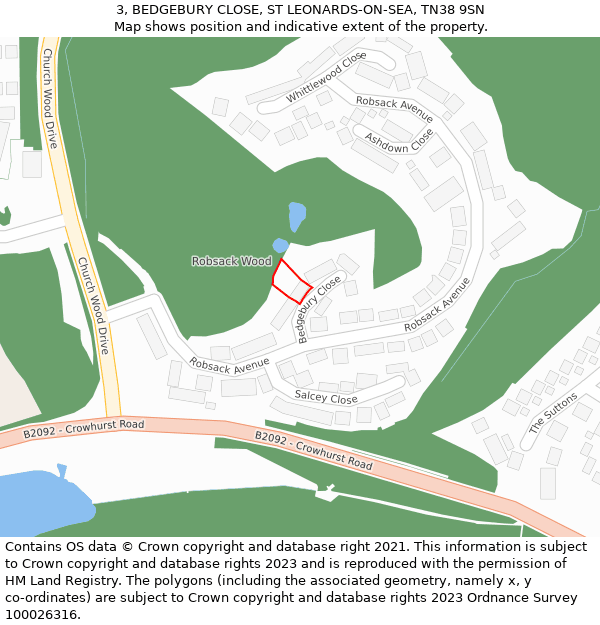 3, BEDGEBURY CLOSE, ST LEONARDS-ON-SEA, TN38 9SN: Location map and indicative extent of plot