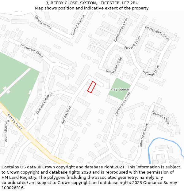 3, BEEBY CLOSE, SYSTON, LEICESTER, LE7 2BU: Location map and indicative extent of plot