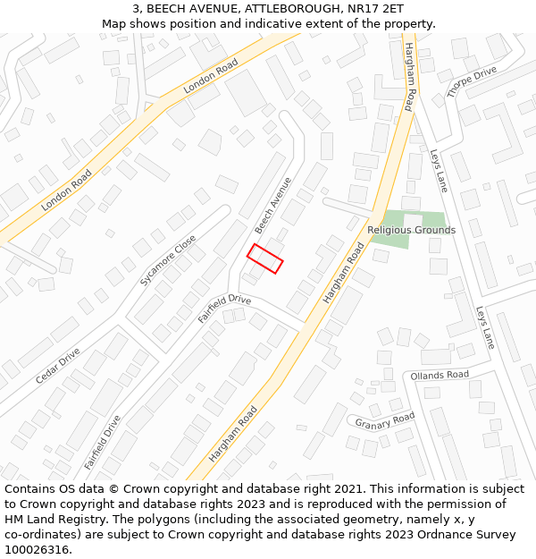 3, BEECH AVENUE, ATTLEBOROUGH, NR17 2ET: Location map and indicative extent of plot