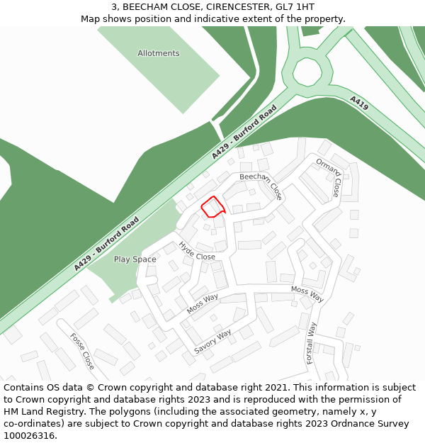 3, BEECHAM CLOSE, CIRENCESTER, GL7 1HT: Location map and indicative extent of plot