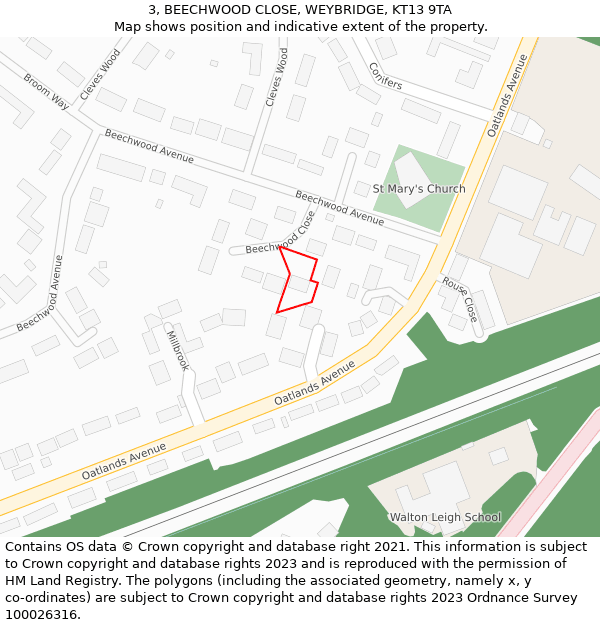 3, BEECHWOOD CLOSE, WEYBRIDGE, KT13 9TA: Location map and indicative extent of plot