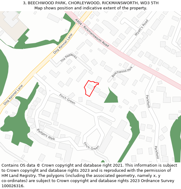 3, BEECHWOOD PARK, CHORLEYWOOD, RICKMANSWORTH, WD3 5TH: Location map and indicative extent of plot