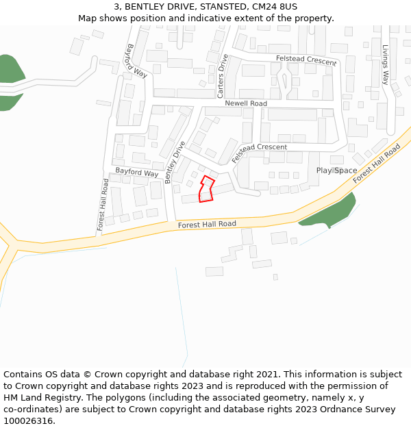 3, BENTLEY DRIVE, STANSTED, CM24 8US: Location map and indicative extent of plot