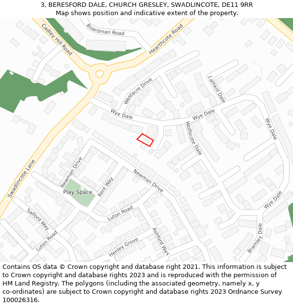 3, BERESFORD DALE, CHURCH GRESLEY, SWADLINCOTE, DE11 9RR: Location map and indicative extent of plot